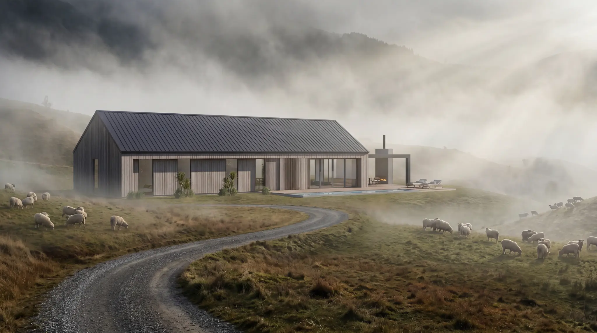 Contemporary architecturally designed home in a misty New Zealand landscape