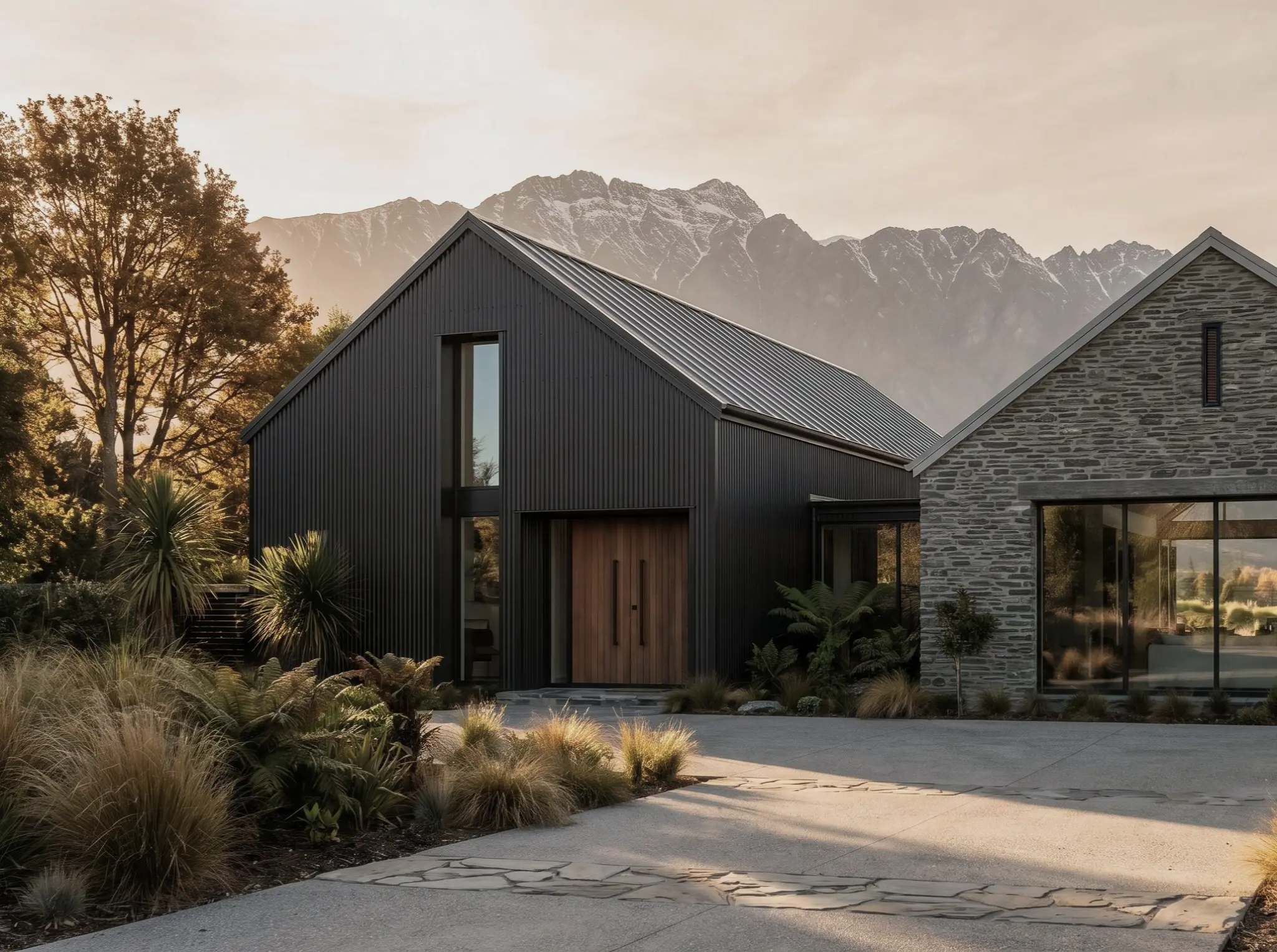 Black-clad and stone residential home set against the Southern Alps in New Zealand